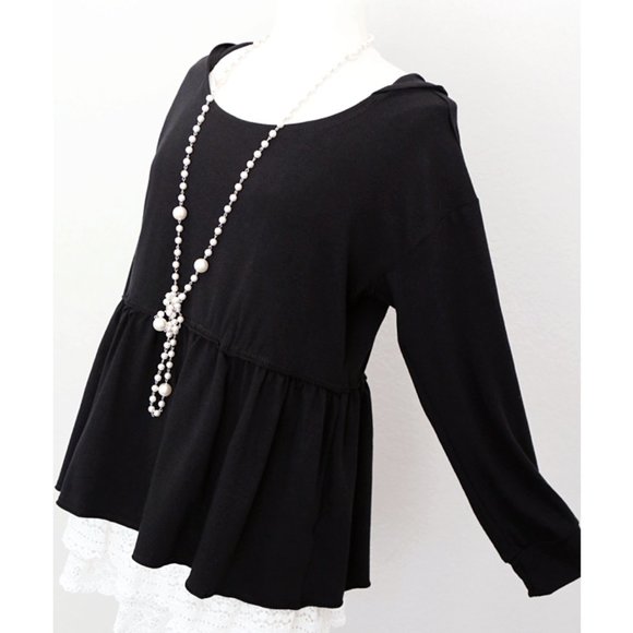 Black Hooded Babydoll Peplum Pullover Cotton Top - Picture 2 of 8